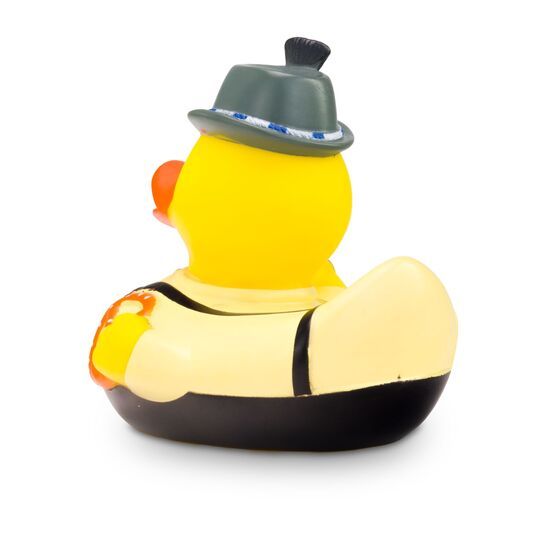 gelbe Werbeente Basti Bierzelt mit Hemd, Lederhose, Hut, Maßkrug mit Bier und Brezel, Größe: ca. 8 cm. Inklusive Quietschventil