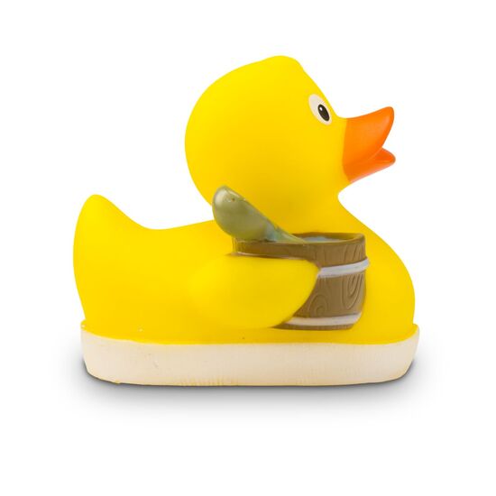 gelbe Werbeente Sandy Sauna mit orangenem Schnabel,Aufguss-Eimer und Sauna-Handtuch, Größe: ca. 8 cm. Inklusive Quietschventil