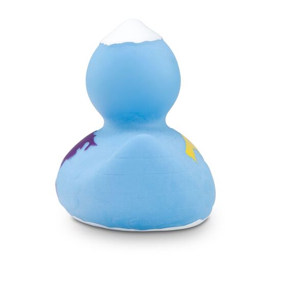 blaue Werbeente Erna Erdkugel mit bunten Kontinenten und Nordpol, Größe: ca. 8 cm. Inklusive Quietschventil