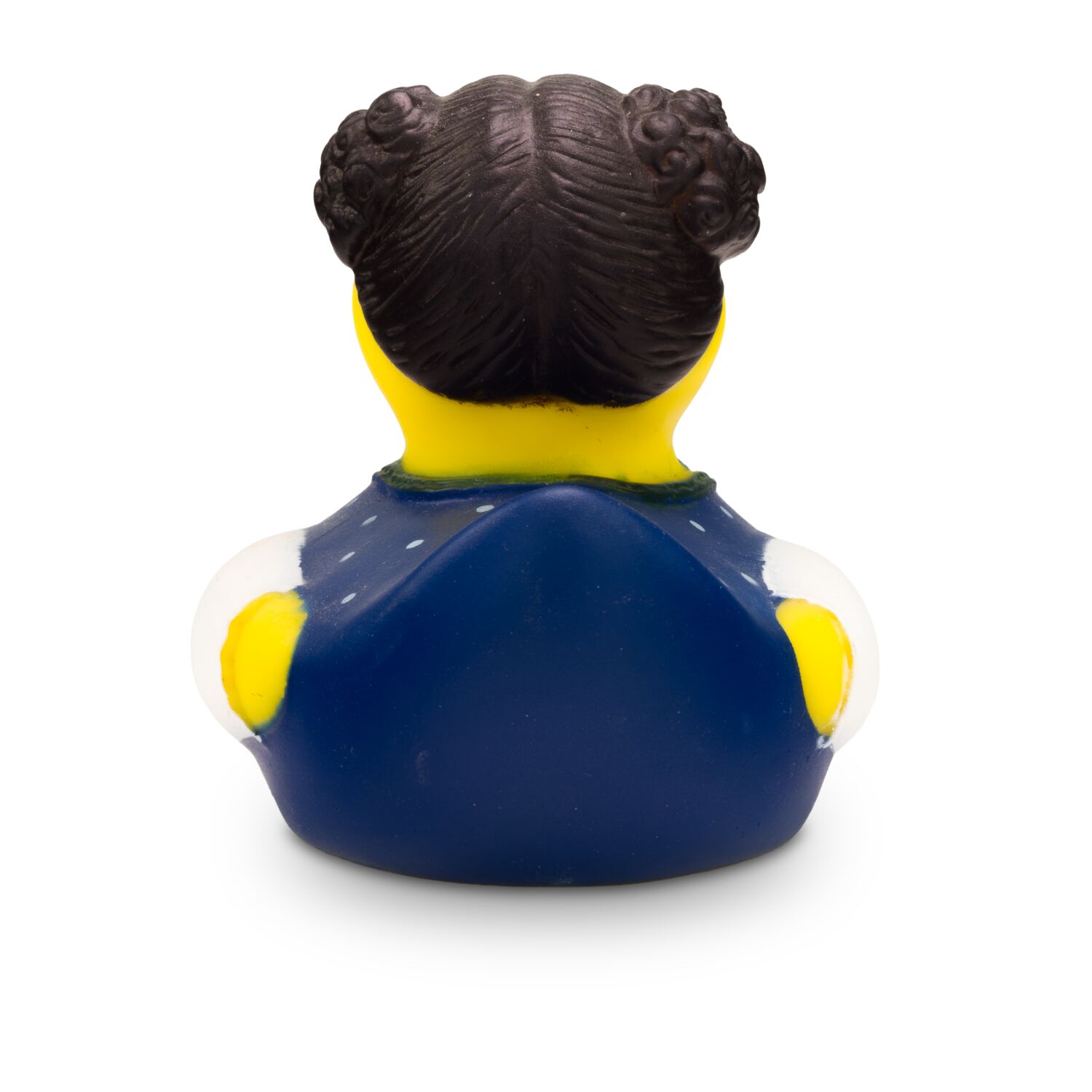 gelbe Werbeente Theresa Trachtenherz mit dunkelblauer Tracht und Schürze in hellblau, Größe: ca. 8 cm. Inklusive Quietschventil