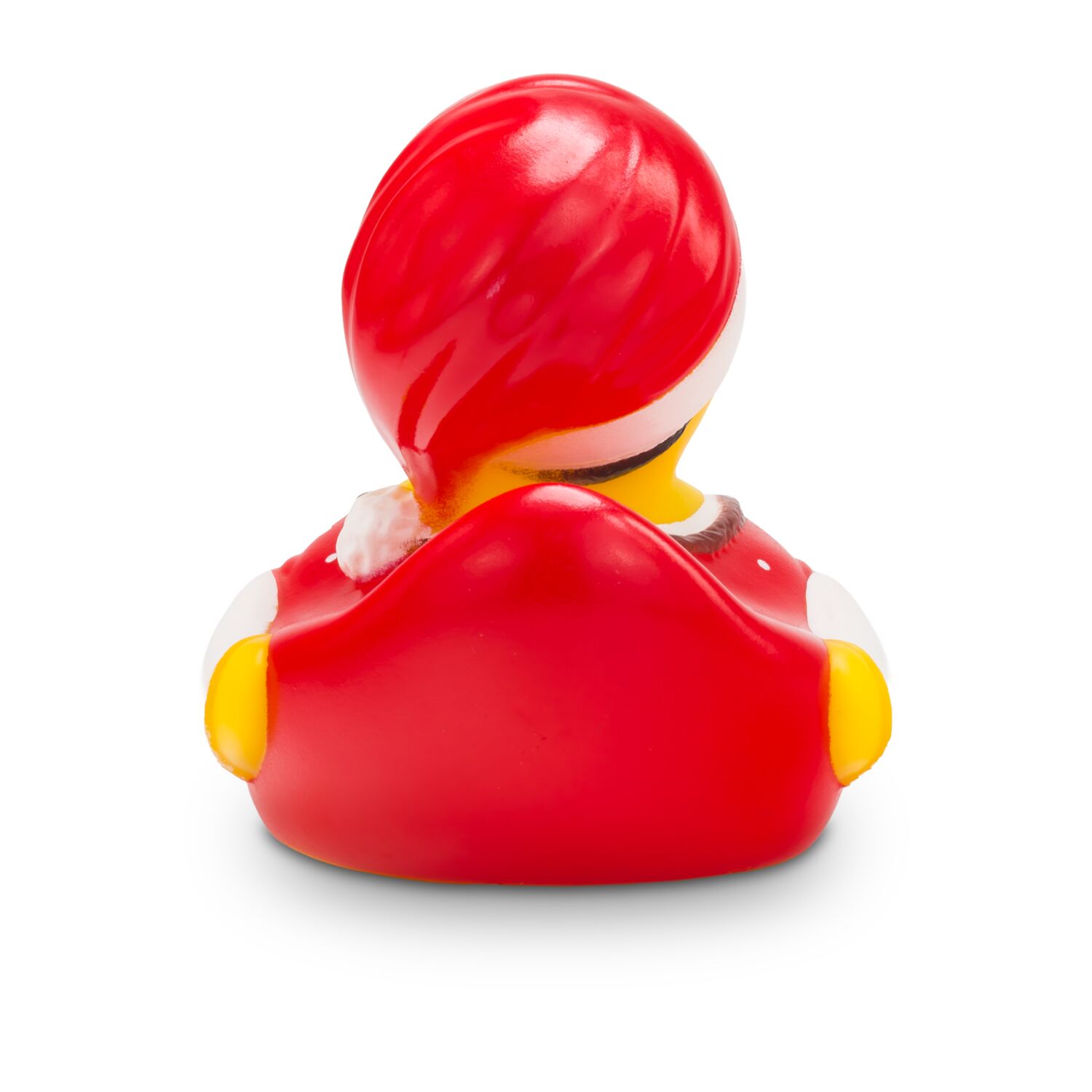 Gelbe Werbeente Theresa Trachtenherz mit roter Tracht und weihnachtlicher Zipfelmütze, Größe: ca. 8 cm. Inklusive Quietschventil