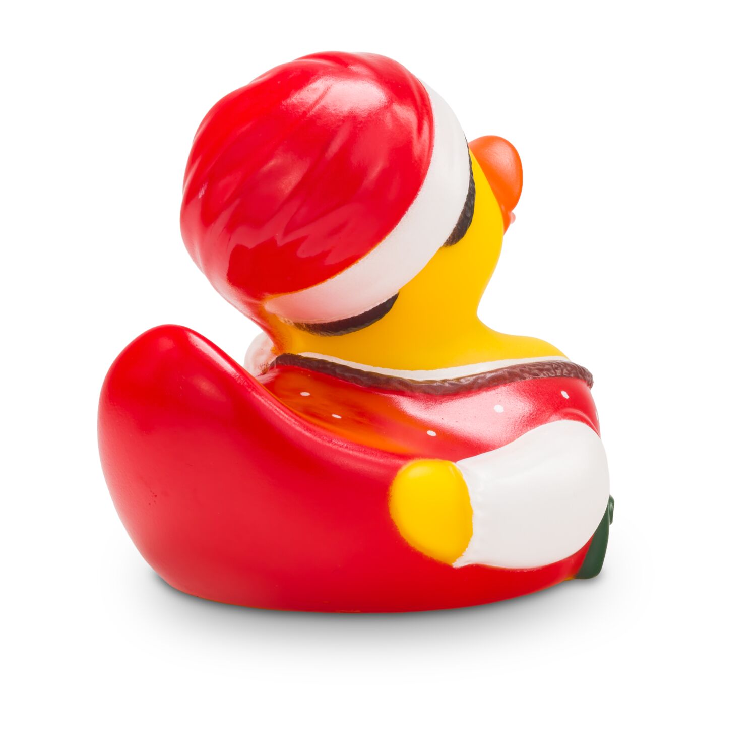 Gelbe Werbeente Theresa Trachtenherz mit roter Tracht und weihnachtlicher Zipfelmütze, Größe: ca. 8 cm. Inklusive Quietschventil