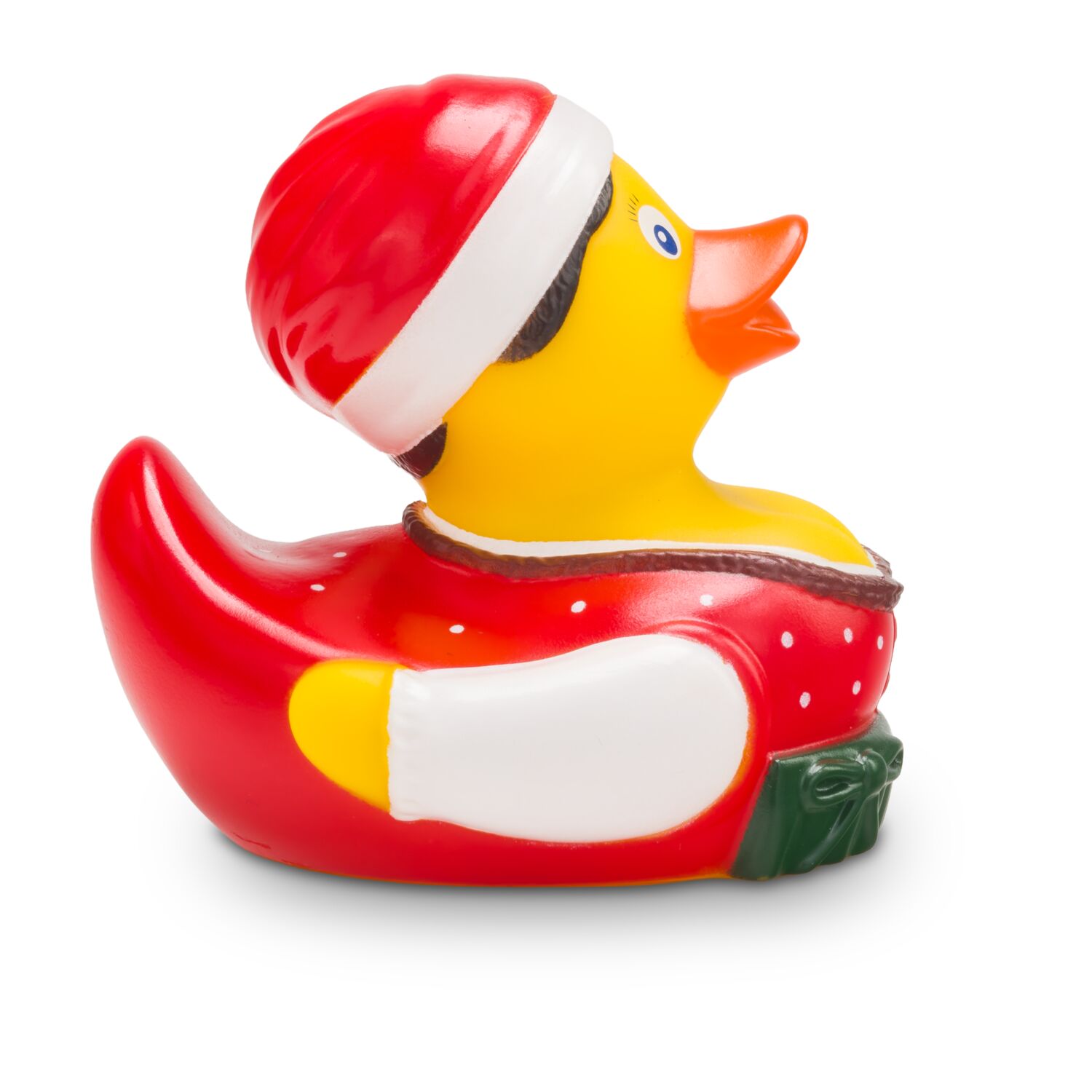 Gelbe Werbeente Theresa Trachtenherz mit roter Tracht und weihnachtlicher Zipfelmütze, Größe: ca. 8 cm. Inklusive Quietschventil