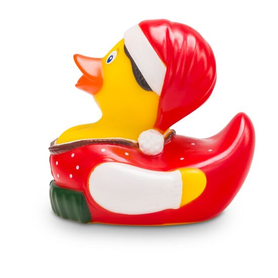 Gelbe Werbeente Theresa Trachtenherz mit roter Tracht und weihnachtlicher Zipfelmütze, Größe: ca. 8 cm. Inklusive Quietschventil