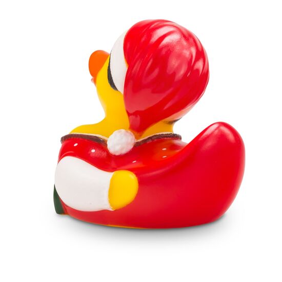 Gelbe Werbeente Theresa Trachtenherz mit roter Tracht und weihnachtlicher Zipfelmütze, Größe: ca. 8 cm. Inklusive Quietschventil