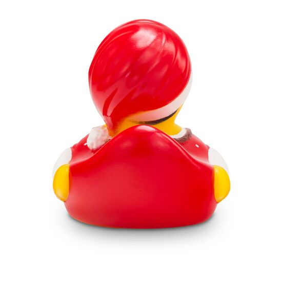 Gelbe Werbeente Theresa Trachtenherz mit roter Tracht und weihnachtlicher Zipfelmütze, Größe: ca. 8 cm. Inklusive Quietschventil