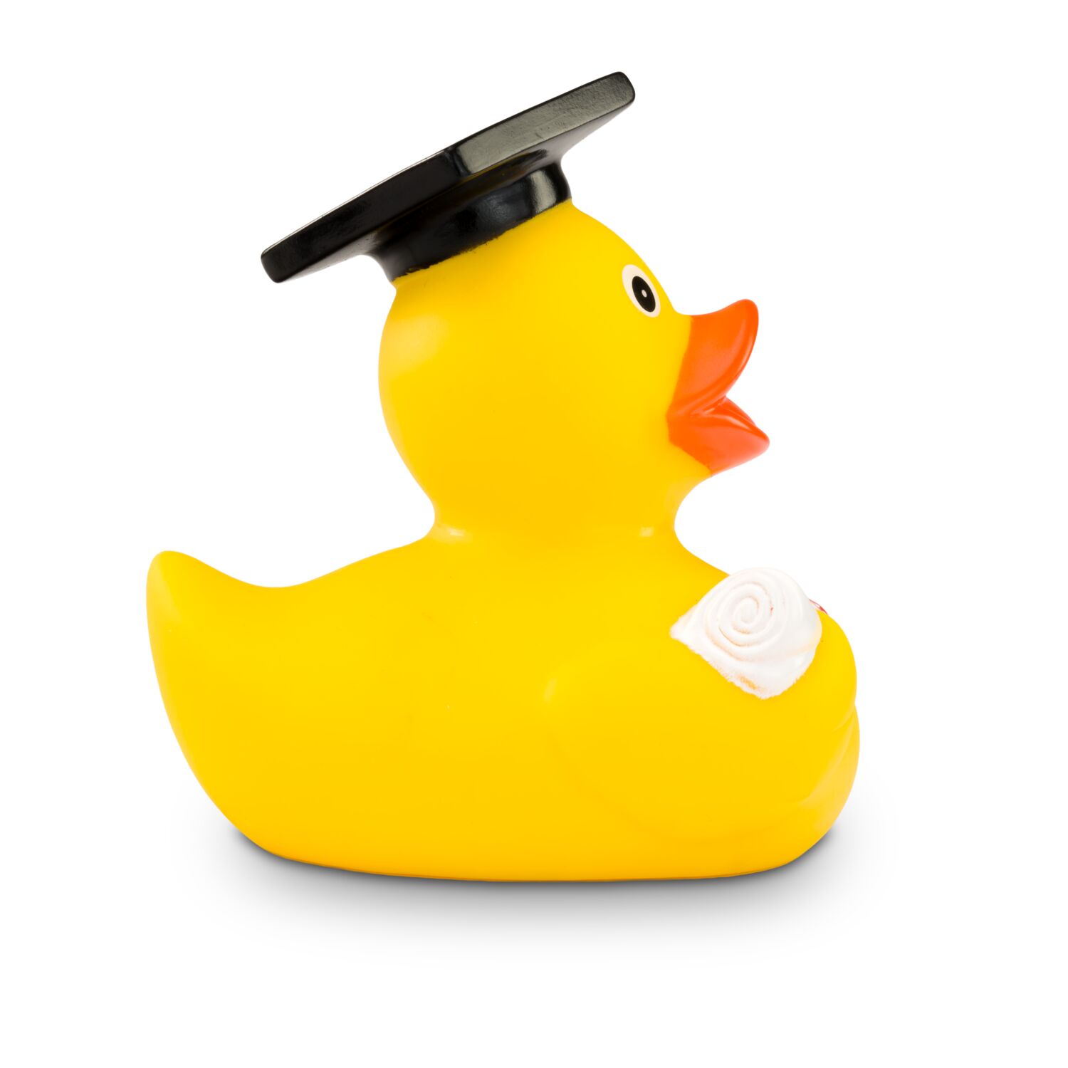 gelbe Werbeente Albert Akademiker mit Absolventenhut und Diplom, Größe: ca. 8 cm. Inklusive Quietschventil