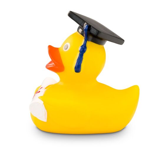 gelbe Werbeente Albert Akademiker mit Absolventenhut und Diplom, Größe: ca. 8 cm. Inklusive Quietschventil