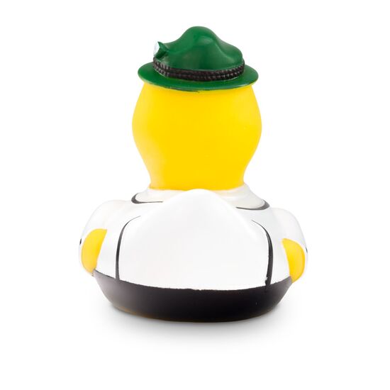 gelbe Werbeente Ludwig Lederhose mit Lederhose, Trachtenhemd und Filzhut, Größe: ca. 8 cm. Inklusive Quietschventil