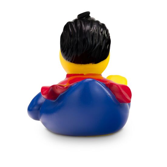 gelbe Werbeente Superduck mit Superheldenanzug und Umhang, Größe: ca. 8 cm. Inklusive Quietschventil