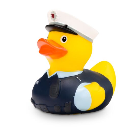 gelbe Werbeente Benjamin Blaulicht mit Polizei-Outfit, Größe: ca. 8 cm. Inklusive Quietschventil