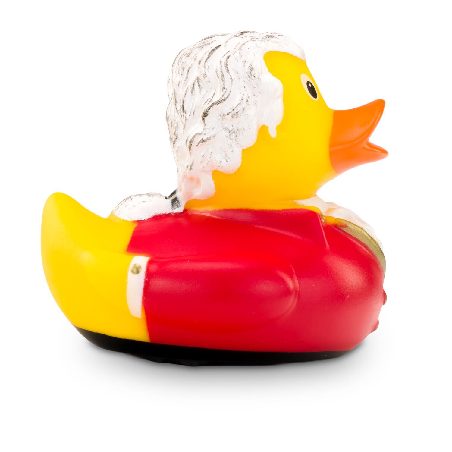 gelbe Werbeente Wolfgang Amadeus mit Frack, lockige Haarpracht und Rüschenhemd, Größe: ca. 8 cm. Inklusive Quietschventil