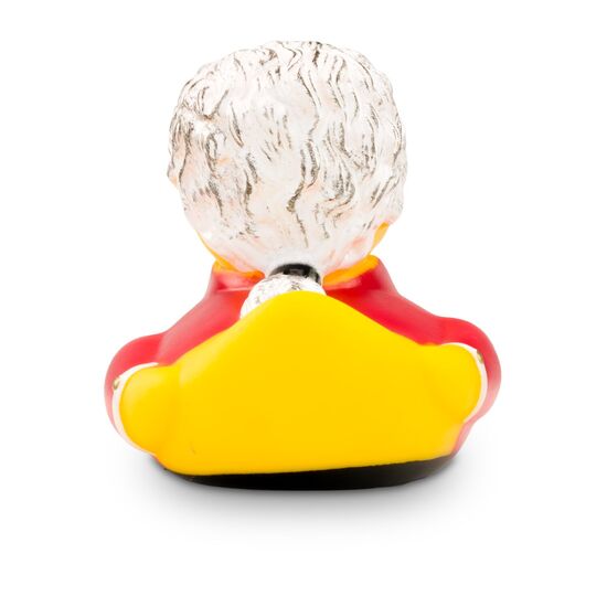 gelbe Werbeente Wolfgang Amadeus mit Frack, lockige Haarpracht und Rüschenhemd, Größe: ca. 8 cm. Inklusive Quietschventil