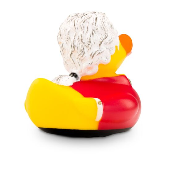 gelbe Werbeente Wolfgang Amadeus mit Frack, lockige Haarpracht und Rüschenhemd, Größe: ca. 8 cm. Inklusive Quietschventil