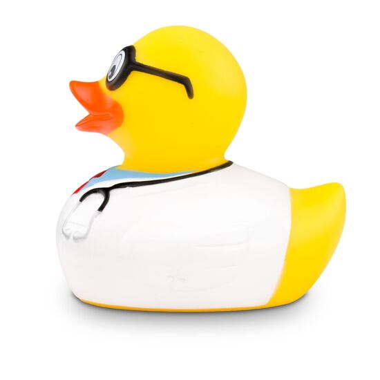 gelbe Werbeente Dr. Dagobert mit Arztkittel, Krawatte, Hemd, Brille und Stethoskop, Größe: ca. 8 cm. Inklusive Quietschventil