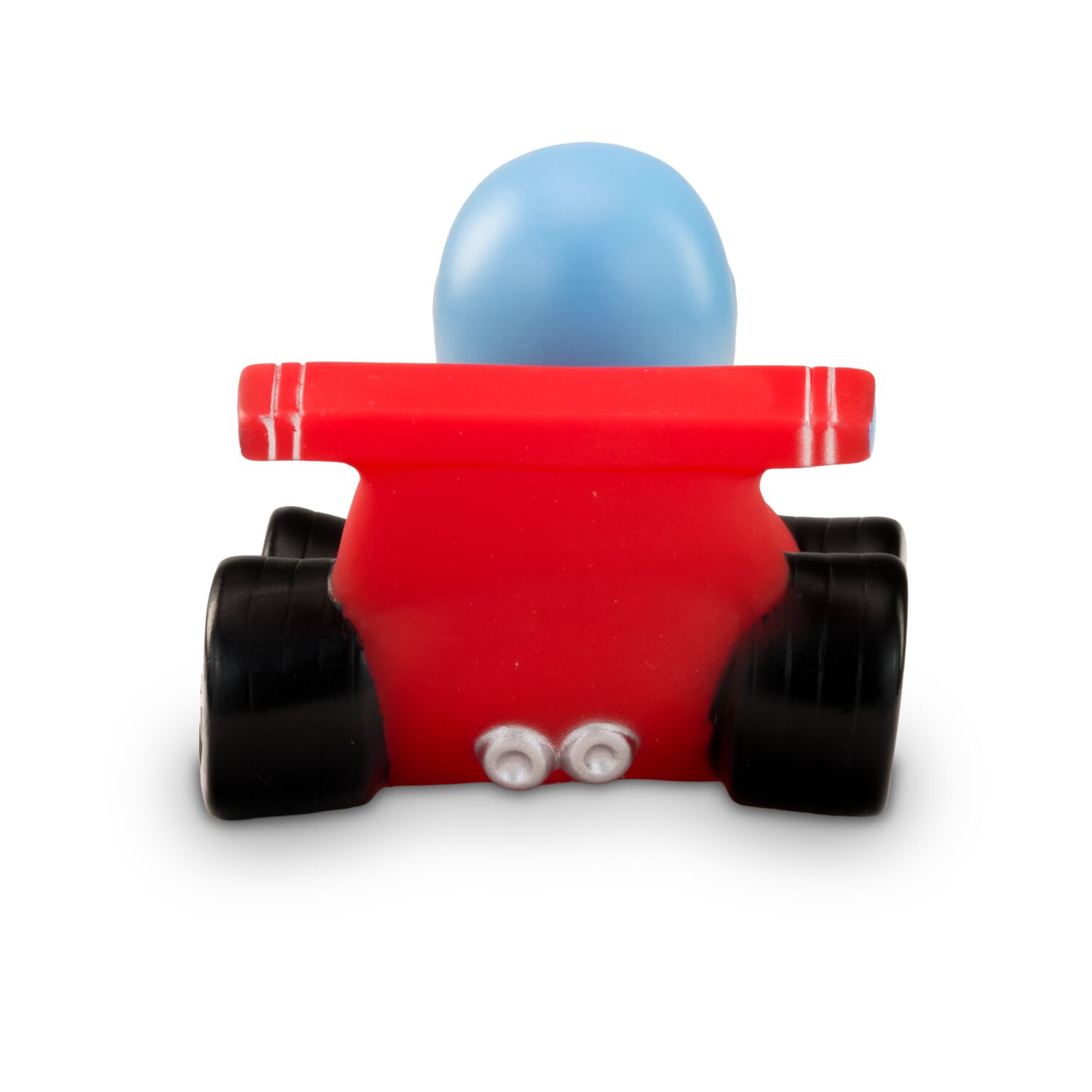 gelbe Werbeente Volker Vollgas mit rotem Rennauto und Helm in Hellblau, Größe: ca. 8 cm. Inklusive Quietschventil