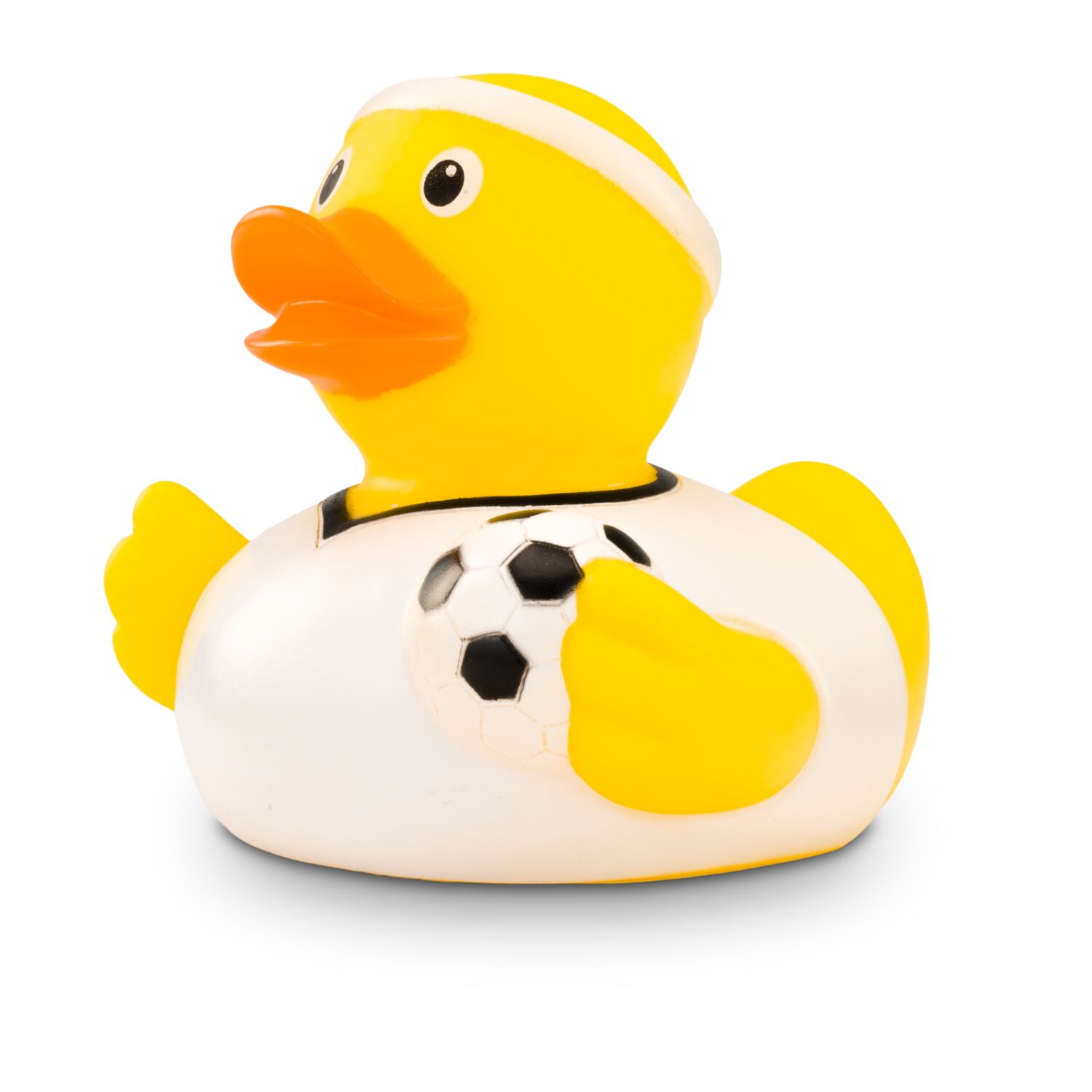 gelbe Badeente Fritz Freistoß mit weißem Trikot, Stirnband und Ball, Größe: ca. 8 cm. Inklusive Quietschventil