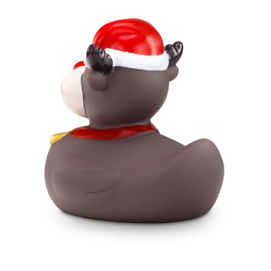 braune Werbeente Rudolph Rentier mit roter Nase, Weihnachtsmütze, Halsband mit Glöckchen, Größe: ca. 8 cm. Inklusive Quietschventil