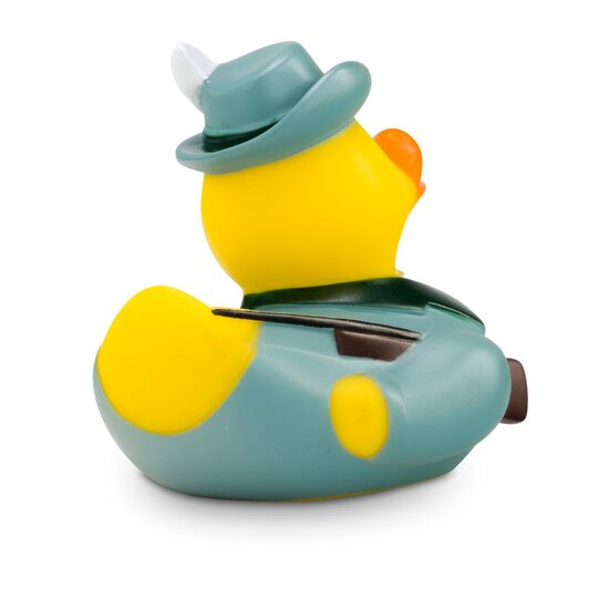 gelbe Werbeente Stephan Schütze mit Uniformjacke, Gewehr, Hut mit Feder und Orden. Größe: ca. 8 cm. Inklusive Quietschventil