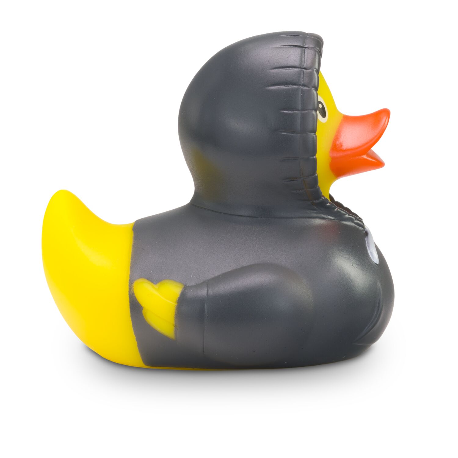 gelbe Werbeente Hektor Hoodie mit grauen Kapuzenpullover inklusive Kordel, Größe: ca. 8 cm. Inklusive Quietschventil