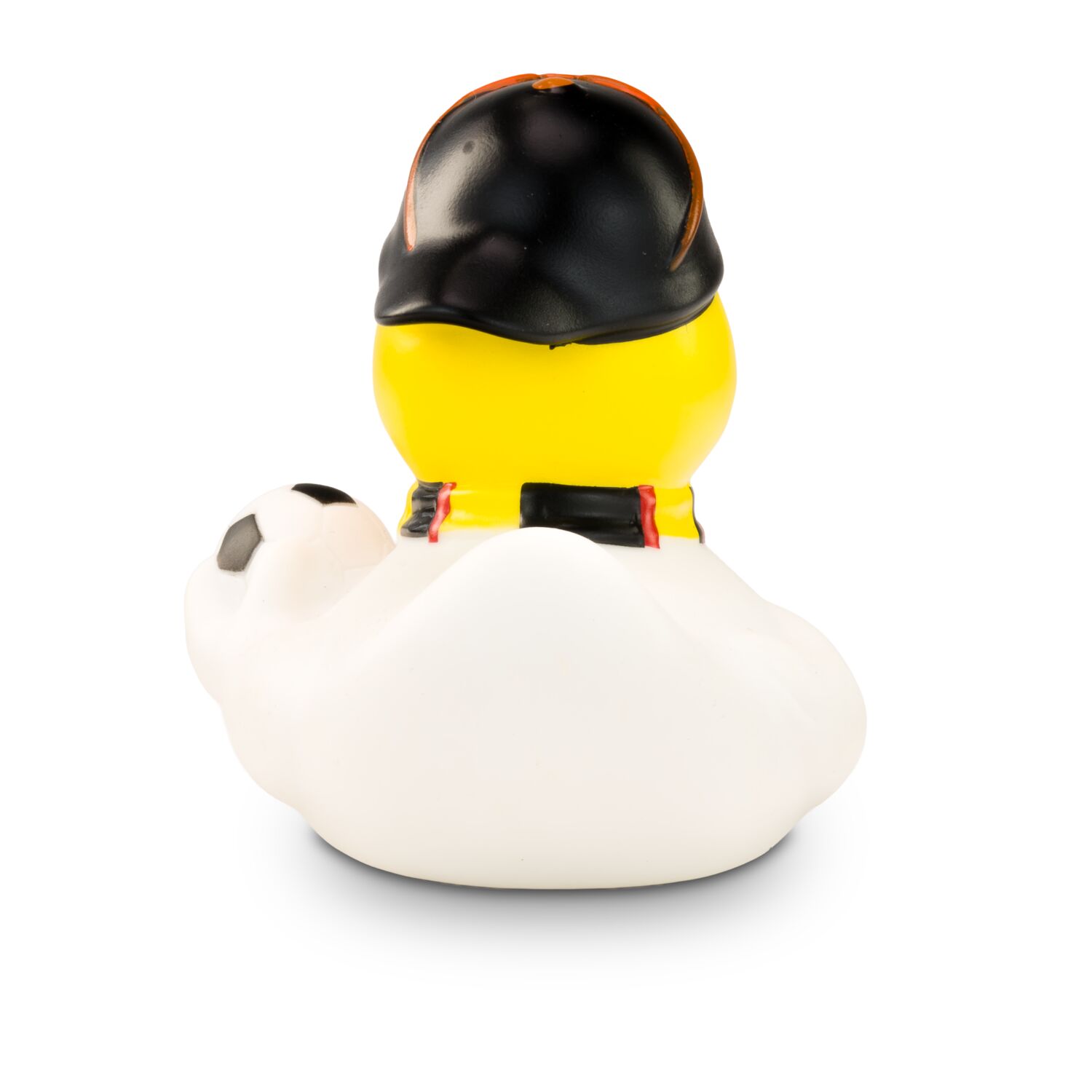 gelbe Werbeente Sandro Stadion mit weißem Trikot, Fanschal in schwarz-rot-gold und Fußball, Größe: ca. 8 cm. Inklusive Quietschventil