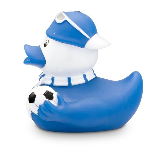 gelbe Werbeente Sandro Stadion mit Trikot, Fanschal in weiß-blau und Fußball, Größe: ca. 8 cm. Inklusive Quietschventil