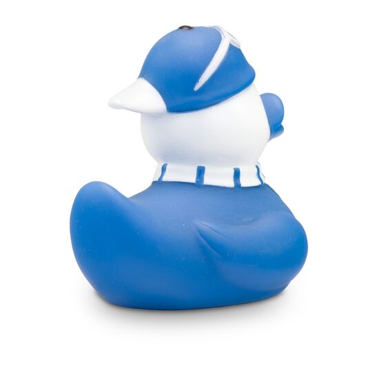 gelbe Werbeente Sandro Stadion mit Trikot, Fanschal in weiß-blau und Fußball, Größe: ca. 8 cm. Inklusive Quietschventil