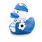 gelbe Werbeente Sandro Stadion mit Trikot, Fanschal in weiß-blau und Fußball, Größe: ca. 8 cm. Inklusive Quietschventil