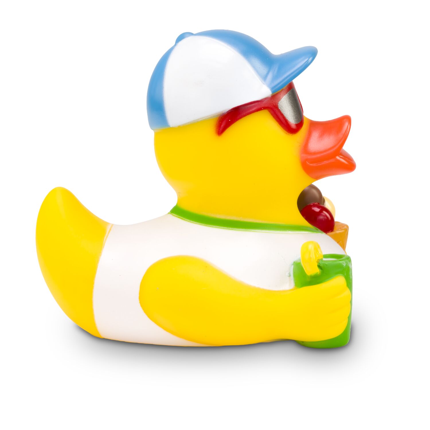 gelbe Werbeente Simon Sommer mit Sonnenbrille, Eis und Drink, Größe: ca. 8 cm. Inklusive Quietschventil