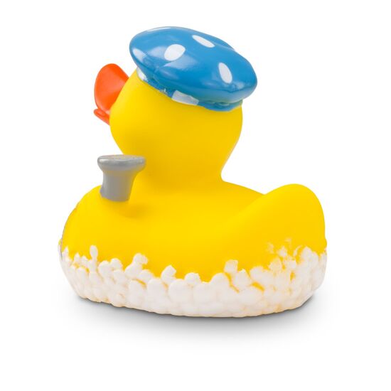gelbe Werbeente Berta Brause mit Badehaube, Duschkopf und Schaumblasen, Größe: ca. 8 cm. Inklusive Quietschventil