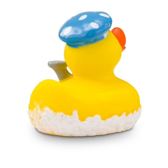 gelbe Werbeente Berta Brause mit Badehaube, Duschkopf und Schaumblasen, Größe: ca. 8 cm. Inklusive Quietschventil