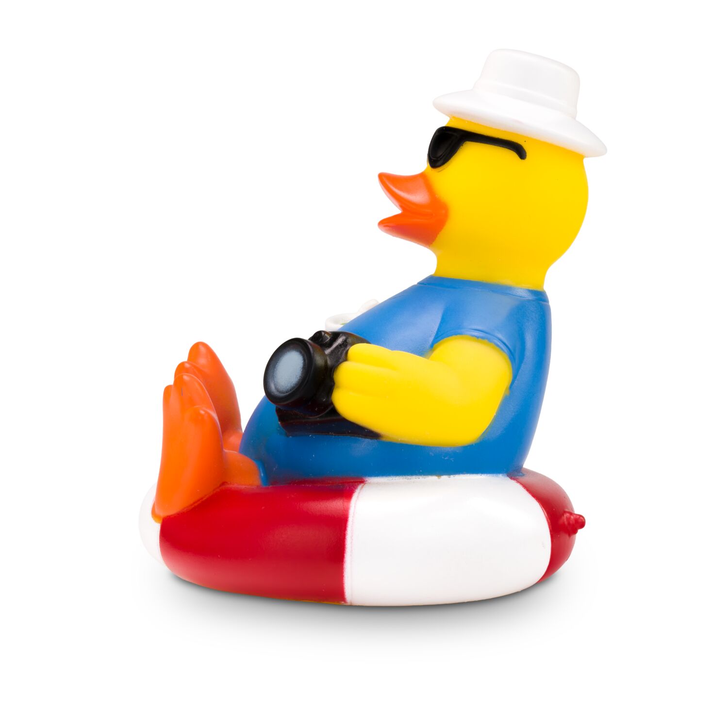 gelbe Werbeente Uli Urlaub auf Schwimmreifen mit Sonnenbrille, Sonnenhut, Kamera und ein Cocktailglas, Größe: ca. 8 cm. Inklusive Quietschventil