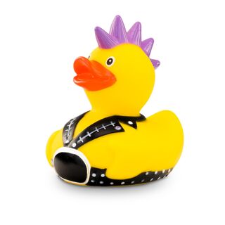 gelbe Badeente Ingo Irokese mit Irokesenschnitt und Lederjacke mit Nieten, Größe: ca. 8 cm. Inklusive Quietschventil