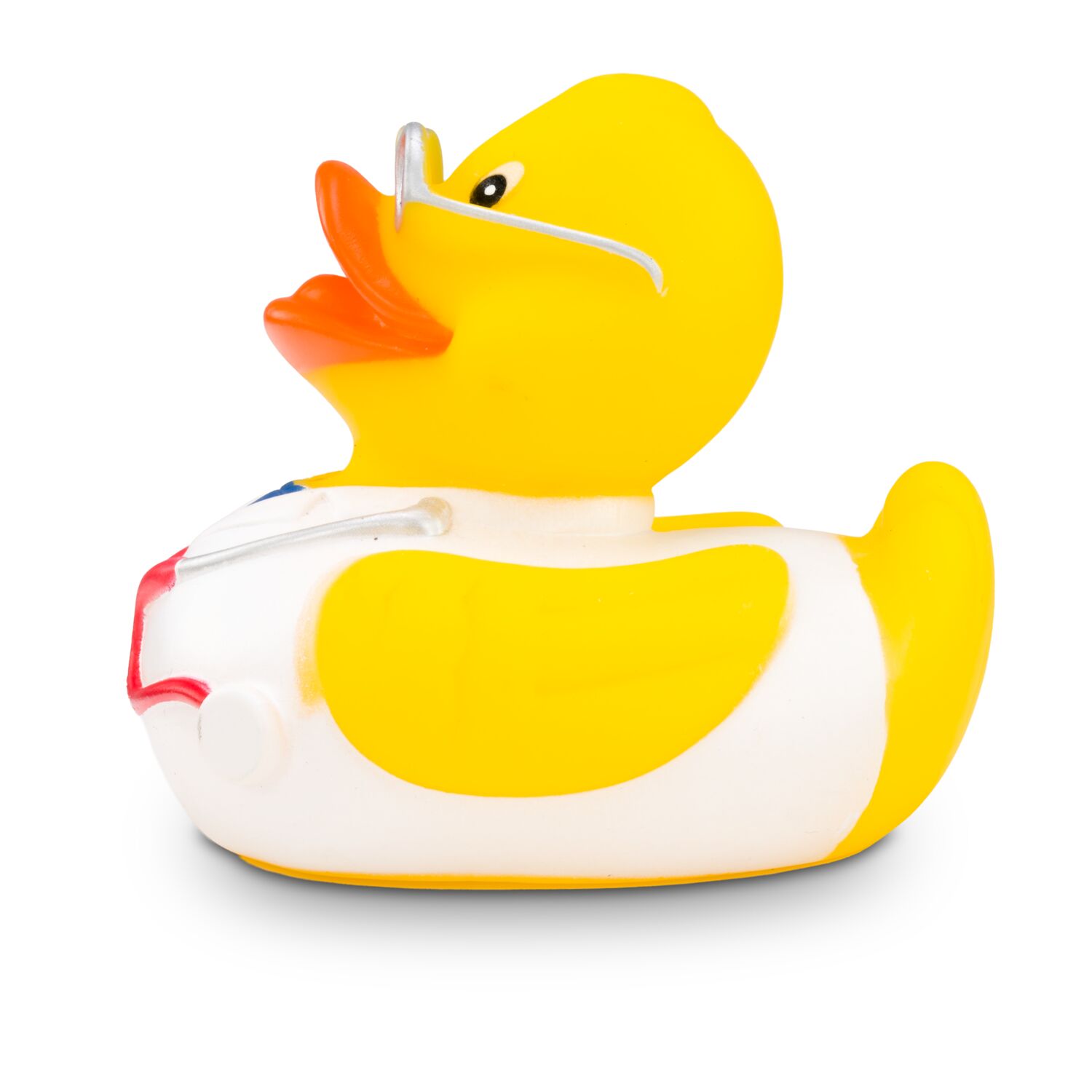 gelbe Badeente Max Medicus trägt mit Arztkittel, Stethoskop und Brille,Größe: ca. 8 cm. Inklusive Quietschventil