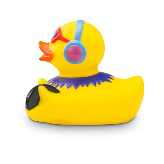 gelbe Badeente Danny Disco mit Sonnenbrille, Kopfhörern und Kette,Größeca. 8 cm. Inklusive Quietschventil
