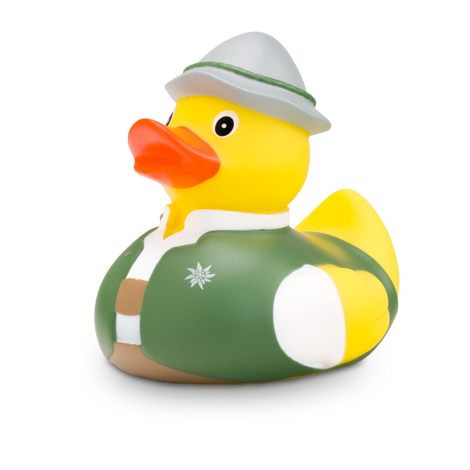 gelbe Werbeente Anton Alm mit weißem Trachtenhemd, Weste inklusive Edelweiß-Print und Filzhut, Größe: ca. 8 cm. Inklusive Quietschventil