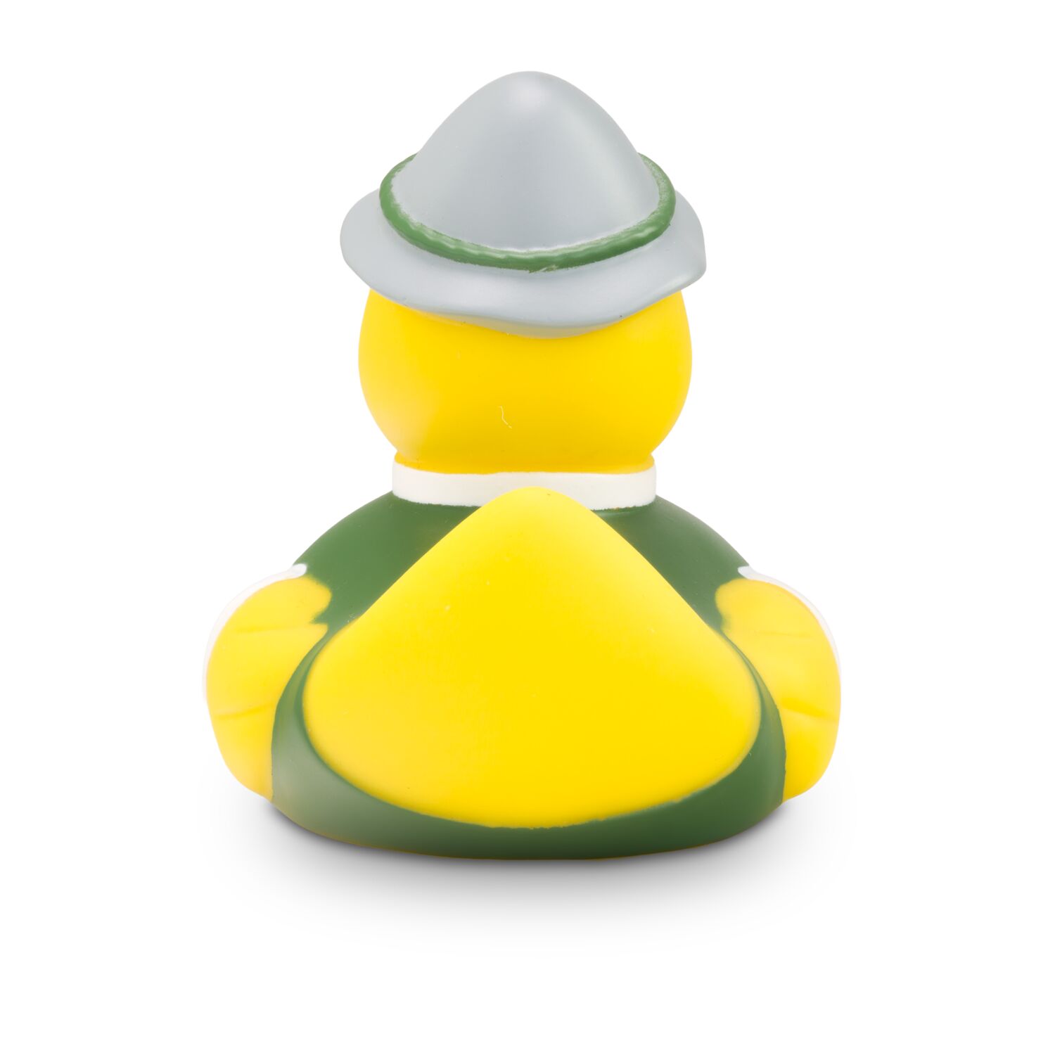 gelbe Werbeente Anton Alm mit weißem Trachtenhemd, Weste inklusive Edelweiß-Print und Filzhut, Größe: ca. 8 cm. Inklusive Quietschventil