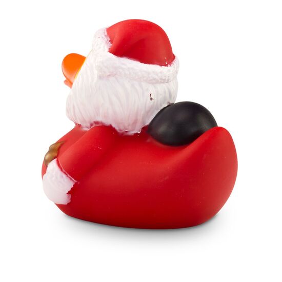Badeente Claus Christmas mit Weihnachtsanzug, Mütze, Geschenkesack und Glocke in der Hand. ca. 8 cm. Inklusive Quietschventil