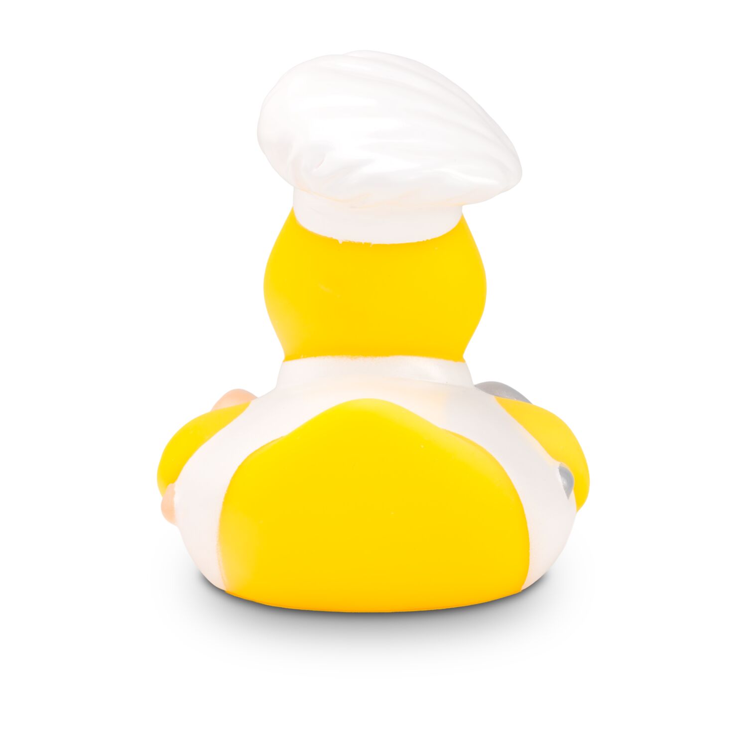 gelbe Werbeente Bruno Bratpfanne mit weißem Koch-Outfit, Bratpfanne und Kochlöffel, Größe: ca. 8 cm. Inklusive Quietschventil