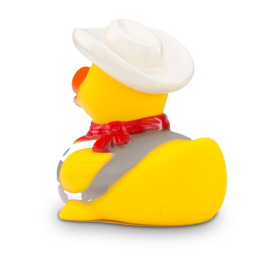 gelbe Werbeente Colin Colt mit Cowboyhut, Halstuch, Pistole und Weste, Größe: ca. 8 cm. Inklusive Quietschventil