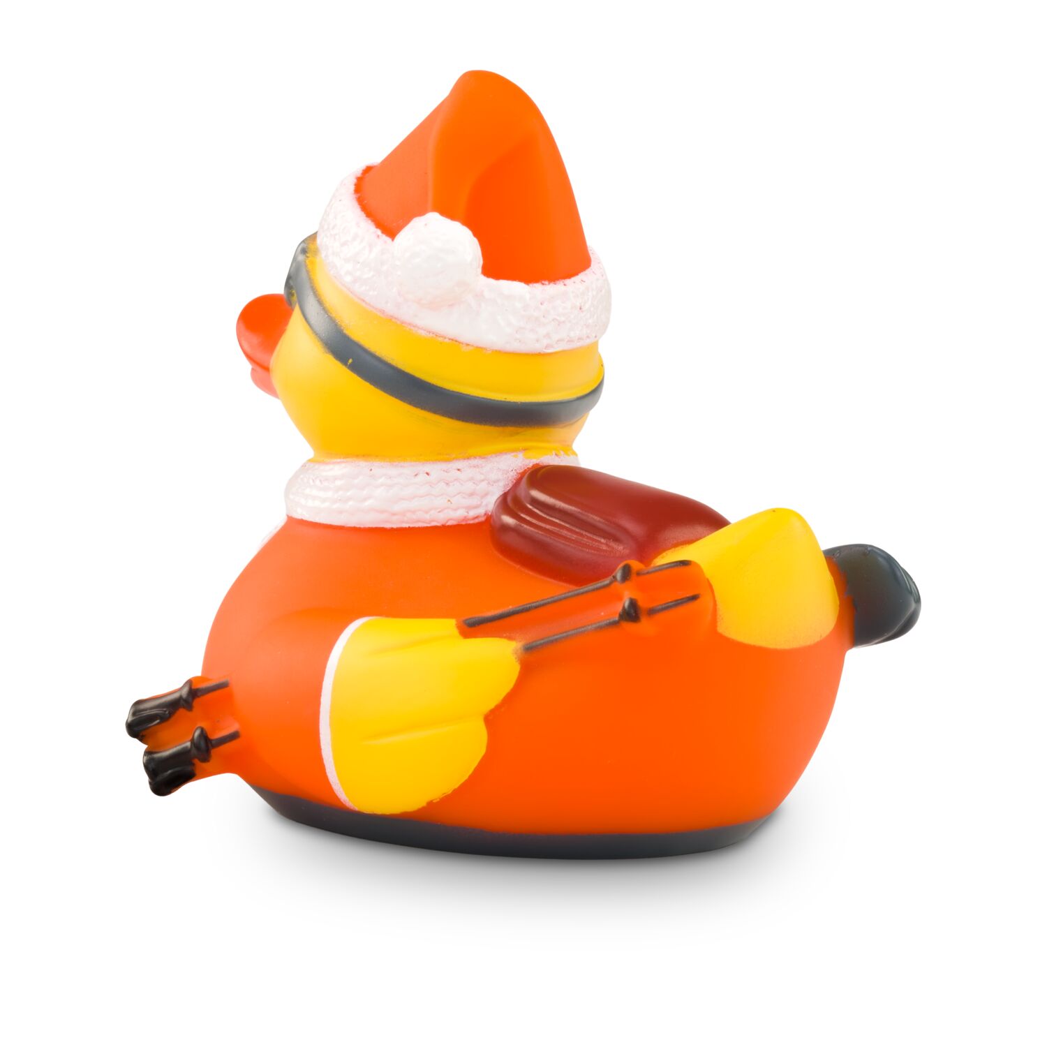 gelbe Werbeente Timo Tiefschnee mit orangenen Skianzug, Mütze, Skibrille, Schal und Rucksack, Größe: ca. 8 cm. Inklusive Quietschventil