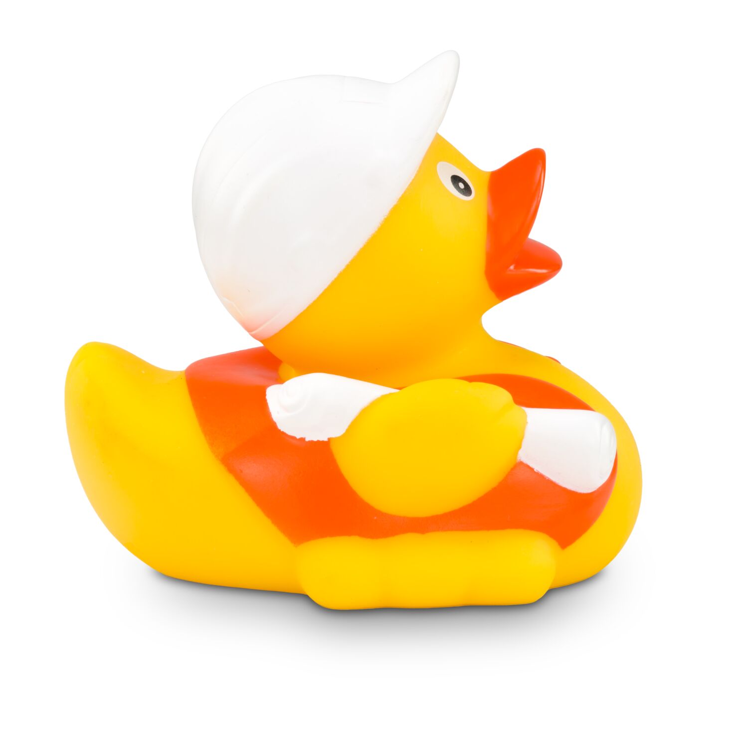 gelbe Badeente Bob Bauleiter mit Bauhelm, orangener Warnweste und Bauplänen. Größe: ca. 8 cm, inklusive Quietschventil