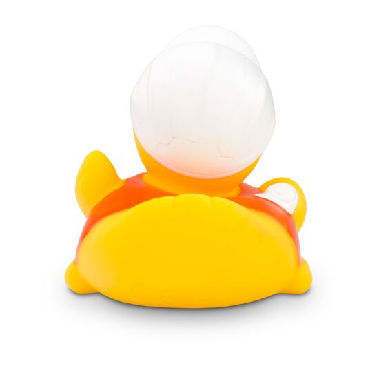 gelbe Badeente Bob Bauleiter mit Bauhelm, orangener Warnweste und Bauplänen. Größe: ca. 8 cm, inklusive Quietschventil