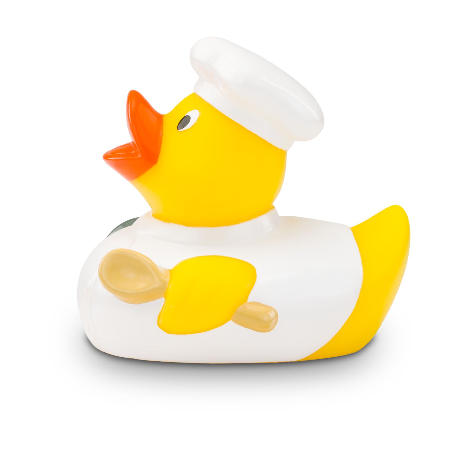gelbe Badeente Kalle Koch mit Koch-Outfit, Kochlöffel und Haube, Größe: ca. 8 cm. Inklusive Quietschventil