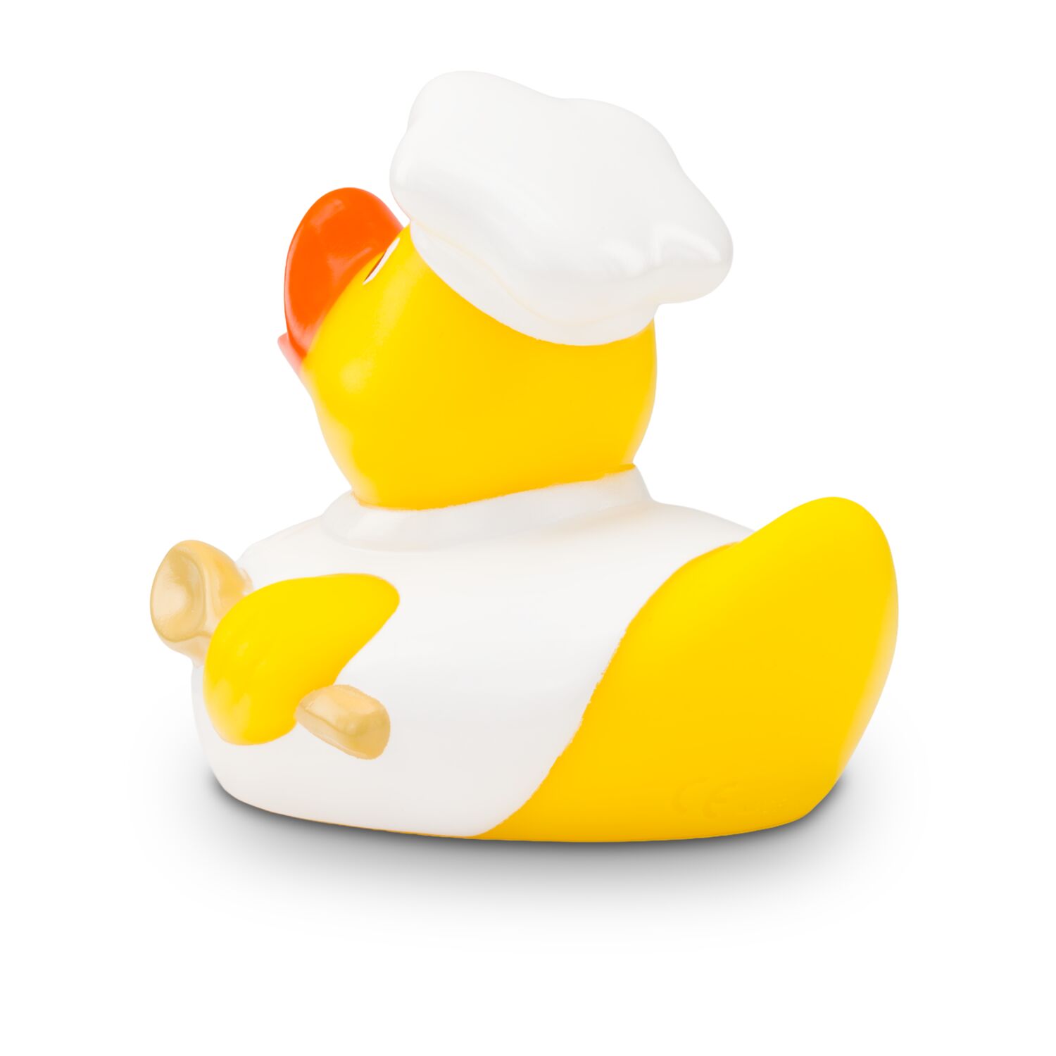 gelbe Badeente Kalle Koch mit Koch-Outfit, Kochlöffel und Haube, Größe: ca. 8 cm. Inklusive Quietschventil