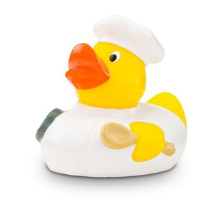 gelbe Badeente Kalle Koch mit Koch-Outfit, Kochlöffel und Haube, Größe: ca. 8 cm. Inklusive Quietschventil