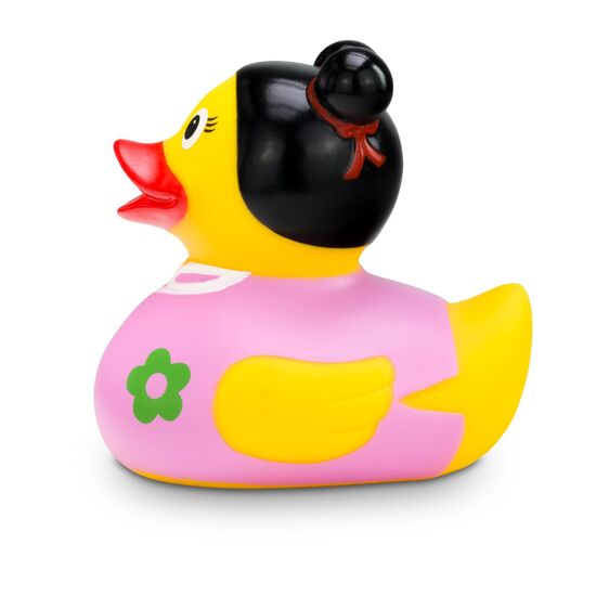 gelbe Werbeente Kim Kimono mit rosa Kimono und Dutt-Frisur, Größe: ca. 8 cm. Inklusive Quietschventil