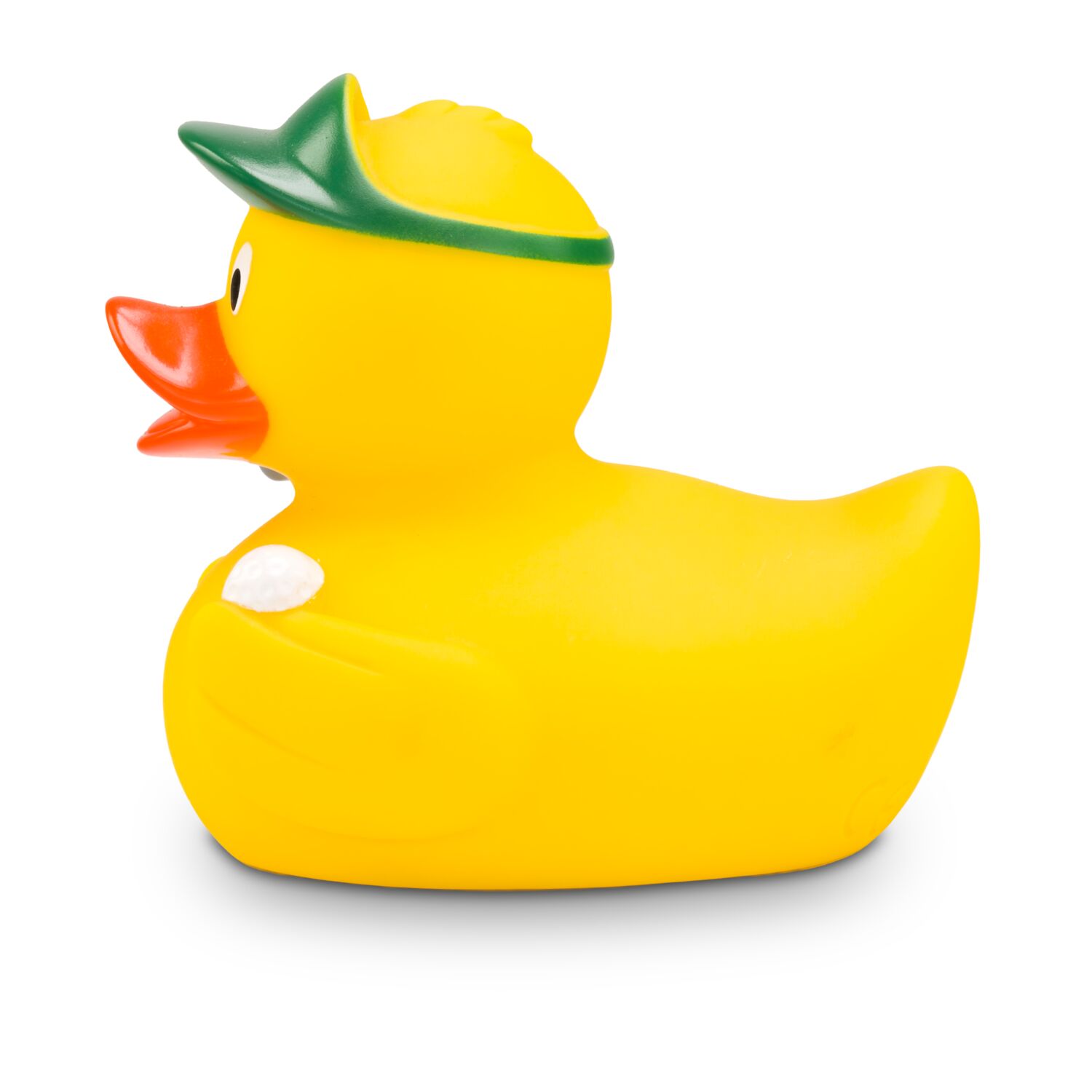 gelbe Badeente Georg Golfer mit grüner Kappe, Golfball und Golftasche. Größe: ca. 8 cm. Inklusive Quietschventil
