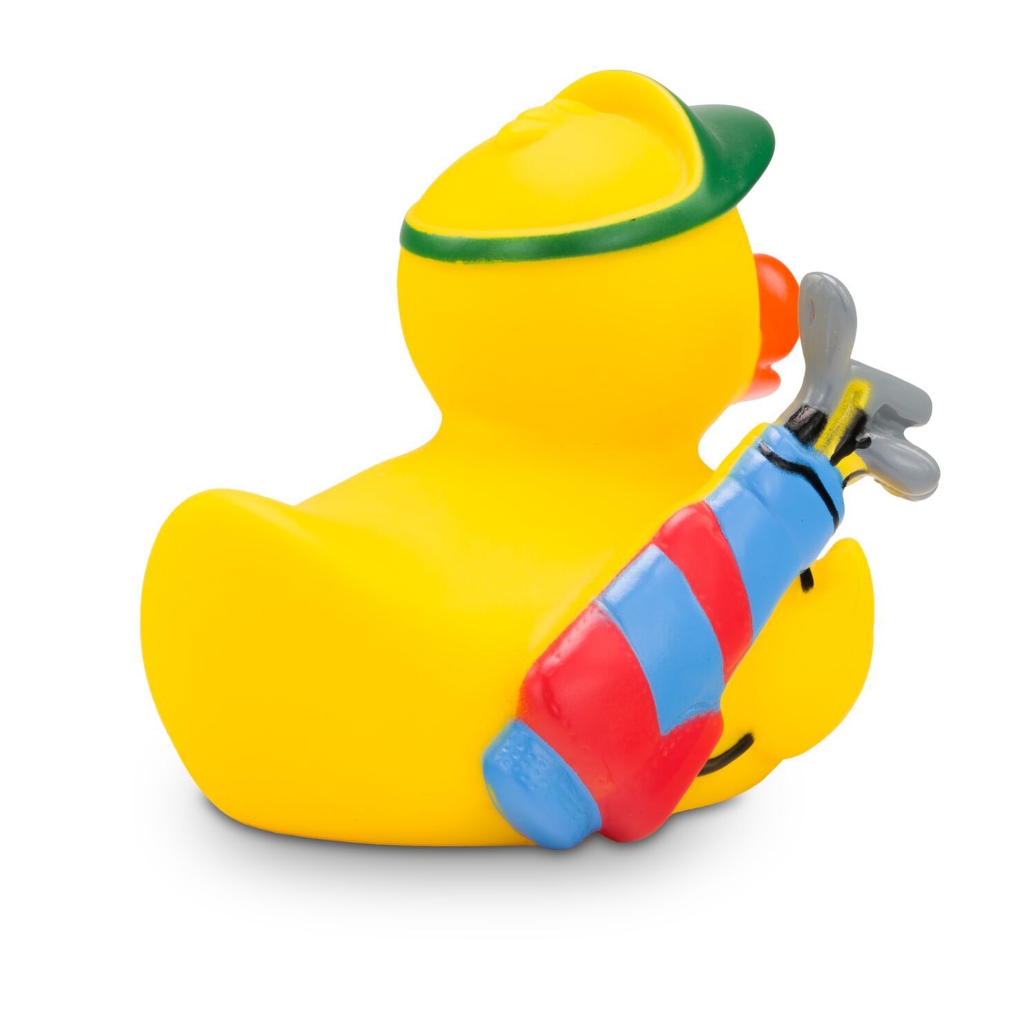gelbe Badeente Georg Golfer mit grüner Kappe, Golfball und Golftasche. Größe: ca. 8 cm. Inklusive Quietschventil