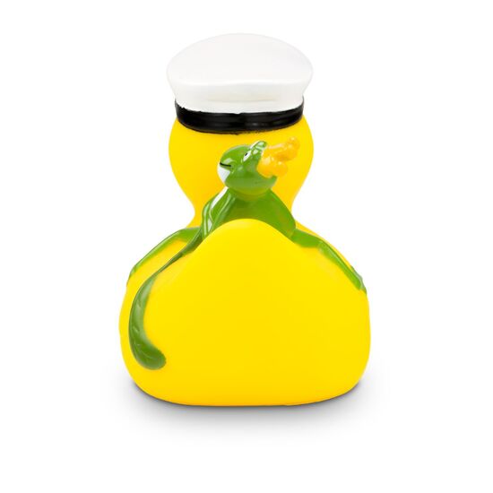 gelbe Werbeente Karl Kapitän mit Kapitänsmütze und Froschkönig auf dem Rücken, Größe: ca. 8 cm. Inklusive Quietschventil